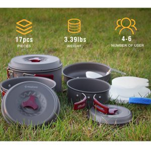 מכיל 3 סירי אלומיניום, מחבת מאלומיניום , 3 מכסים, 2 צלחות פלסטיק, 5 קעריות פלסטיק, מצקת, כפית וספוג לניקיון