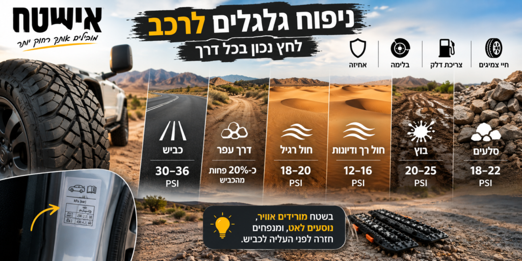 ניפוח גלגלים לרכב כמה אוויר צריך בכביש ובשטח