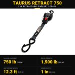 מפרט Black Taurus Retract 750: עומס עבודה 340 ק"ג, חוזק קריעה 680 ק"ג, אורך עבודה 3.75 מ', רוחב רצועה 25 מ"מ