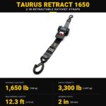 מפרט Black Taurus Retract 1650: עומס עבודה 748 ק"ג, חוזק קריעה 1,497 ק"ג, אורך עבודה 3.75 מ', רוחב רצועה 50 מ"מ